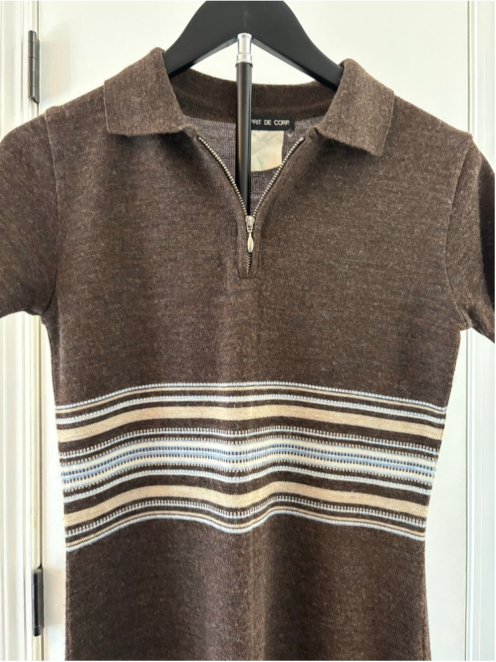 Vintage 90s Esprit de Corp Knit Polo Dress Brown Striped Mini S/M - Picture 2 of 12